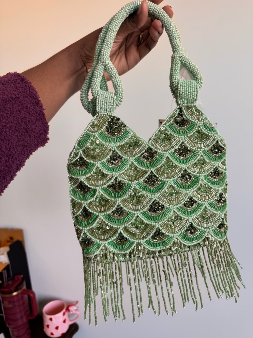 T.J.Maxx Mint Green Beaded Fringe Tote - Picture 3 of 3